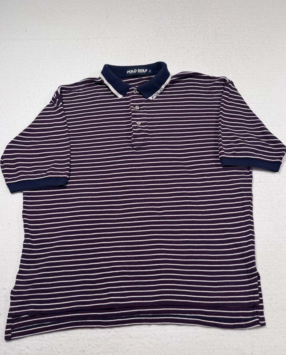 #323 Polo Golf Ralph Lauren Striped Polo Shirt Men’s Size M Navy Burgundy
